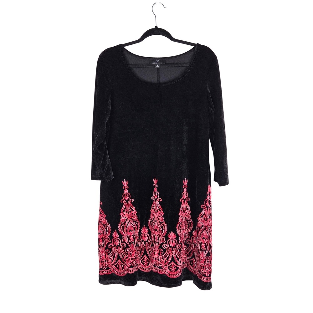 Vtg Ronni Nicole Black Velvet Dress 3/4 Sleeve Pink Embroidery Size 12 Valentine